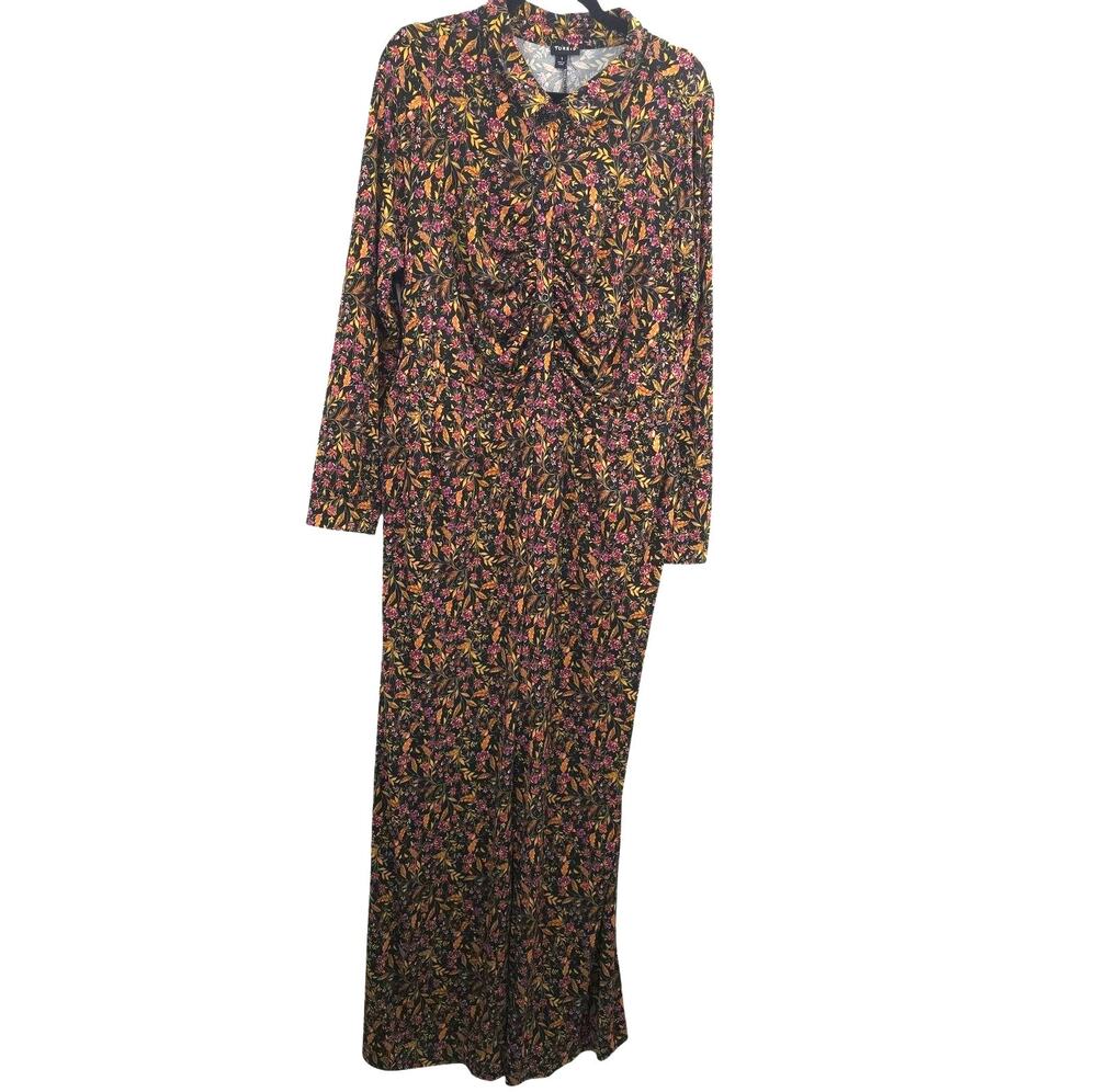 Torrid Jumpsuit 1x Brown Floral Long Sleeve Jersey Pockets Boho Vacation Fall